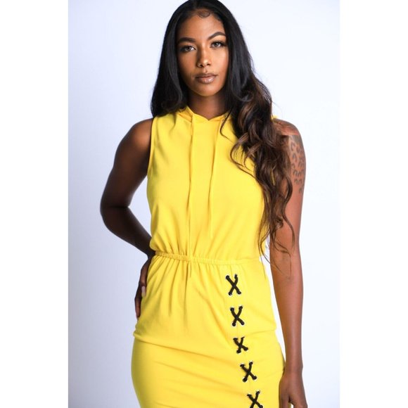 Women's Sleeveless Hoodie Dress Cross Tie Detailed Casual Dress Yellow S M L - Picture 11 of 11
